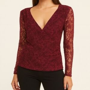 Alfani Lace Cross Over Pullover Low V Neck Blouse Dark Mauve XL
